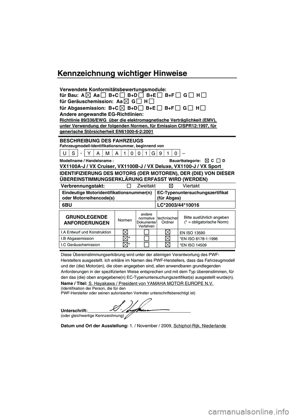 YAMAHA VX CRUISER 2010  Betriebsanleitungen (in German) Kennzeichnung wichtiger Hinweise
Diese Übereinstimmungserklärung wird unter der alleinigen Verantwortung des PWF-
Herstellers ausgestellt. Ich erkläre im Namen des PWF-Herstellers, dass das Fahrzeu