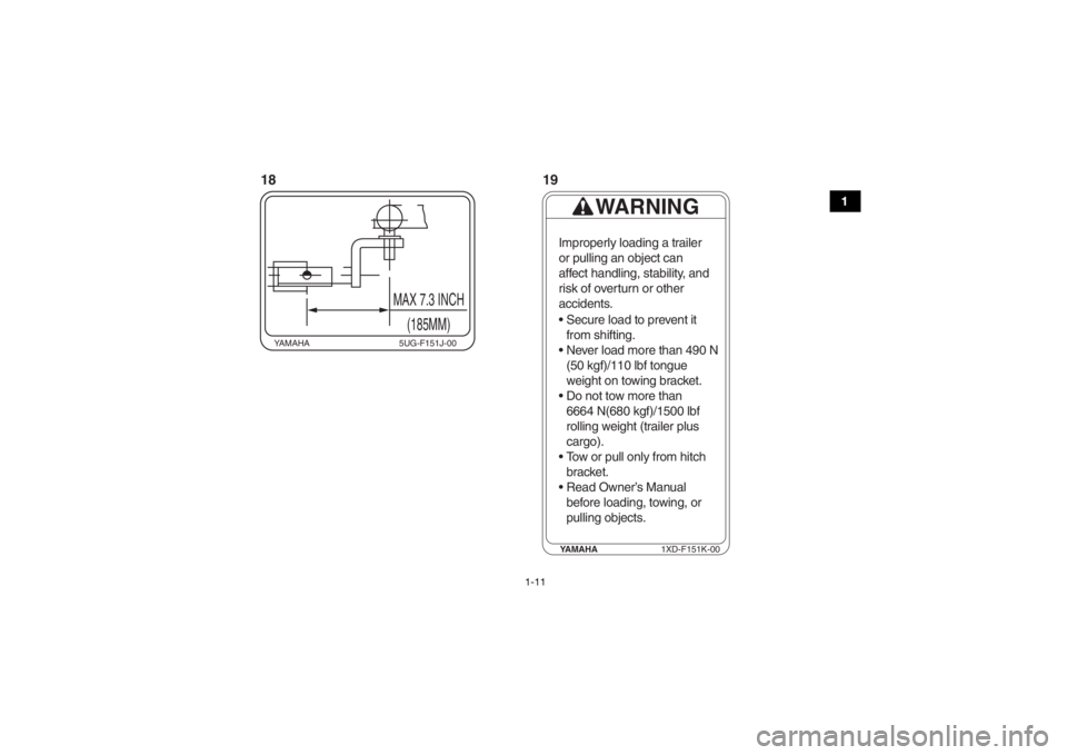 YAMAHA WOLVERINE 2015  Notices Demploi (in French) 1-11
1
YAMAHA5UG-F151J-00
MAX 7.3 INCH
(185MM)
YAMAHA 1XD-F151K-00
WARNING
Improperly loading a trailer 
or pulling an object can
affect handling, stability, and
risk of overturn or other
accidents.
 