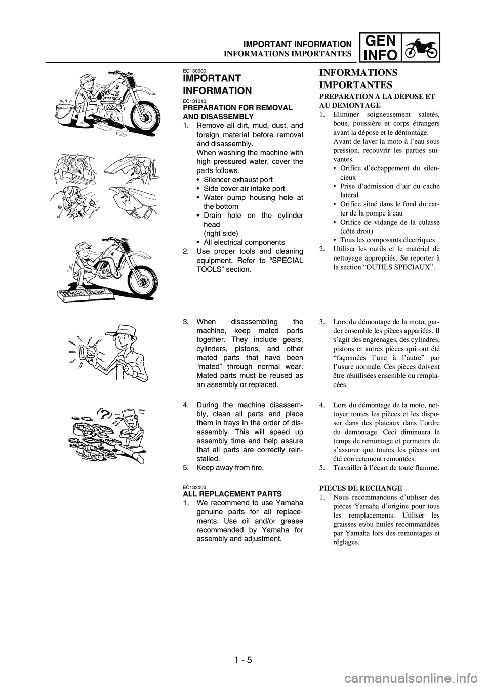 YAMAHA WR 250F 2005  Notices Demploi (in French) 1 - 5
GEN
INFOIMPORTANT INFORMATION
EC130000
IMPORTANT 
INFORMATION
EC131010PREPARATION FOR REMOVAL 
AND DISASSEMBLY
1. Remove all dirt, mud, dust, and
foreign material before removal
and disassembly.