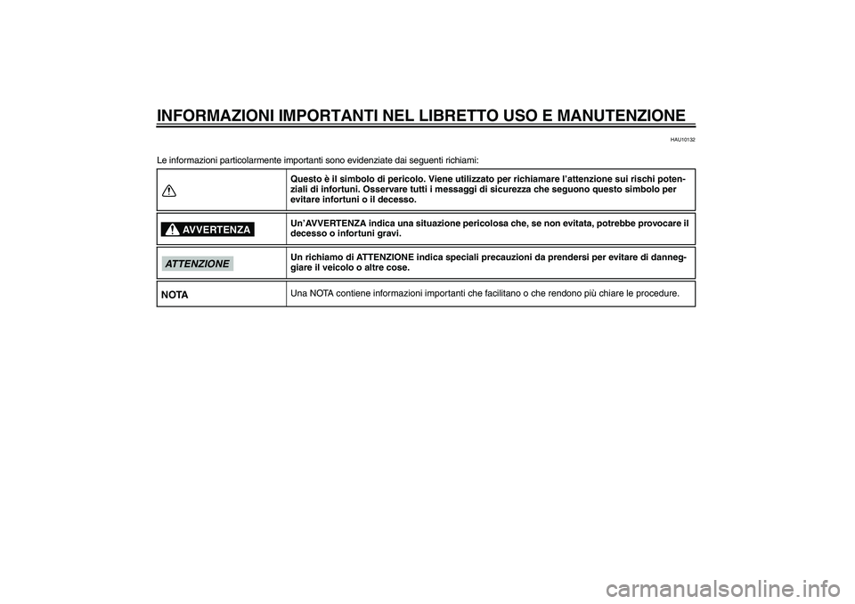 YAMAHA WR 250R 2010  Manuale duso (in Italian) INFORMAZIONI IMPORTANTI NEL LIBRETTO USO E MANUTENZIONE
HAU10132
Le informazioni particolarmente importanti sono evidenziate dai seguenti richiami:
Questo è il simbolo di pericolo. Viene utilizzato p