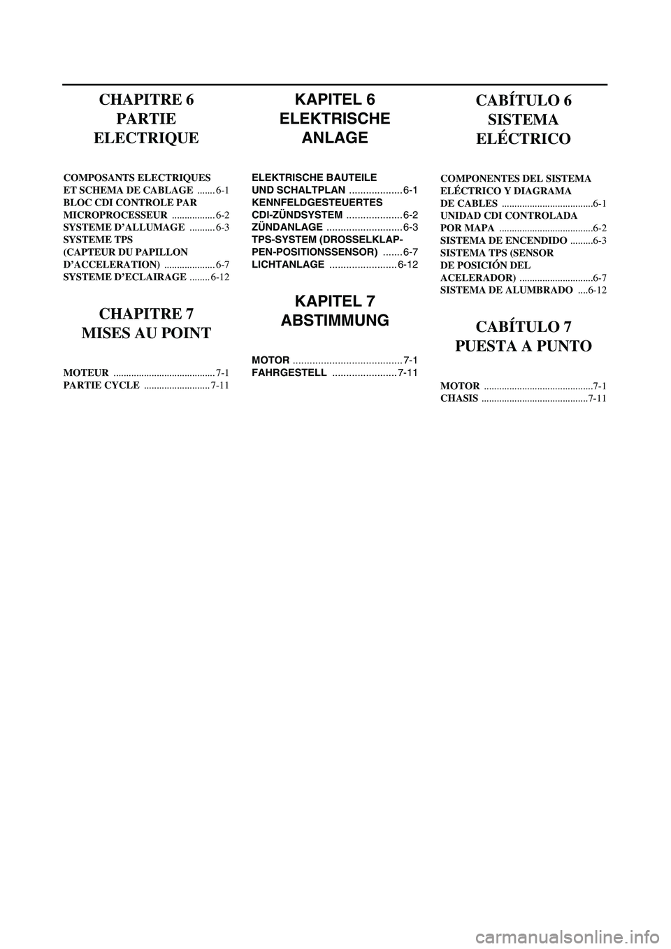 YAMAHA WR 400F 2002  Notices Demploi (in French) KAPITEL 6
ELEKTRISCHE 
ANLAGE
ELEKTRISCHE BAUTEILE 
UND SCHALTPLAN ................... 6-1
KENNFELDGESTEUERTES 
CDI-ZÜNDSYSTEM .................... 6-2
ZÜNDANLAGE ........................... 6-3
TPS