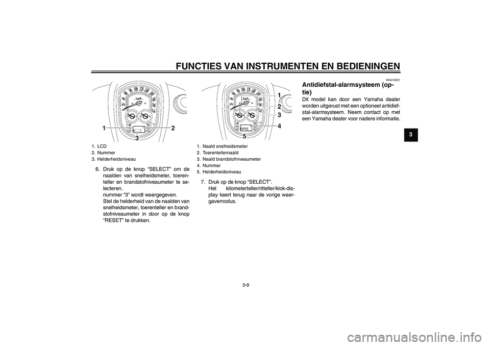 YAMAHA XV1900A 2006  Instructieboekje (in Dutch) FUNCTIES VAN INSTRUMENTEN EN BEDIENINGEN
3-9
3
6. Druk op de knop “SELECT” om de
naalden van snelheidsmeter, toeren-
teller en brandstofniveaumeter te se-
lecteren.
nummer “3” wordt weergegeve