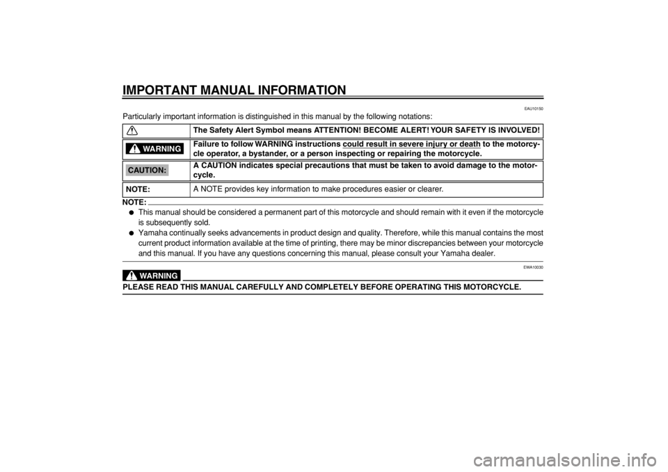 YAMAHA XVS125 2004  Owners Manual  
IMPORTANT MANUAL INFORMATION 
EAU10150 
Particularly important information is distinguished in this manual by the following notations:
NOTE:
 
 
This manual should be considered a permanent part of