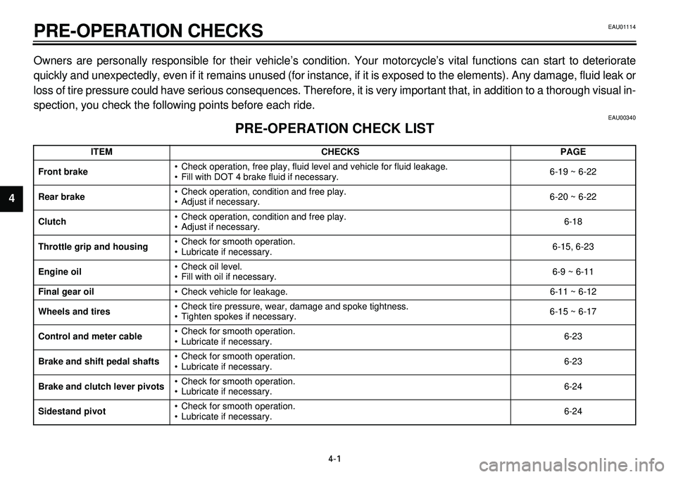 YAMAHA XVS650 2000  Owners Manual  
4-1 
PRE-OPERATION CHECKS 
1
2
34
5
6
7
8
9 
Owners are personally responsible for their vehicle’s condition. Your motorcycle’s vital functions can start to deteriorate
quickly and unexpectedly,