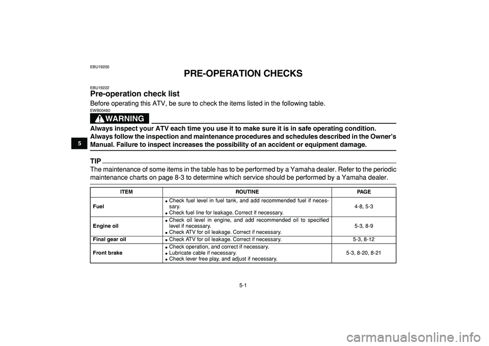 YAMAHA YFM50R 2009  Owners Manual  
5-1 
1
2
3
45
6
7
8
9
10
11
 
EBU19200 
PRE-OPERATION CHECKS 
EBU19222 
Pre-operation check list  
Before operating this ATV, be sure to check the items listed in the following table.
WARNING
 
EWB0