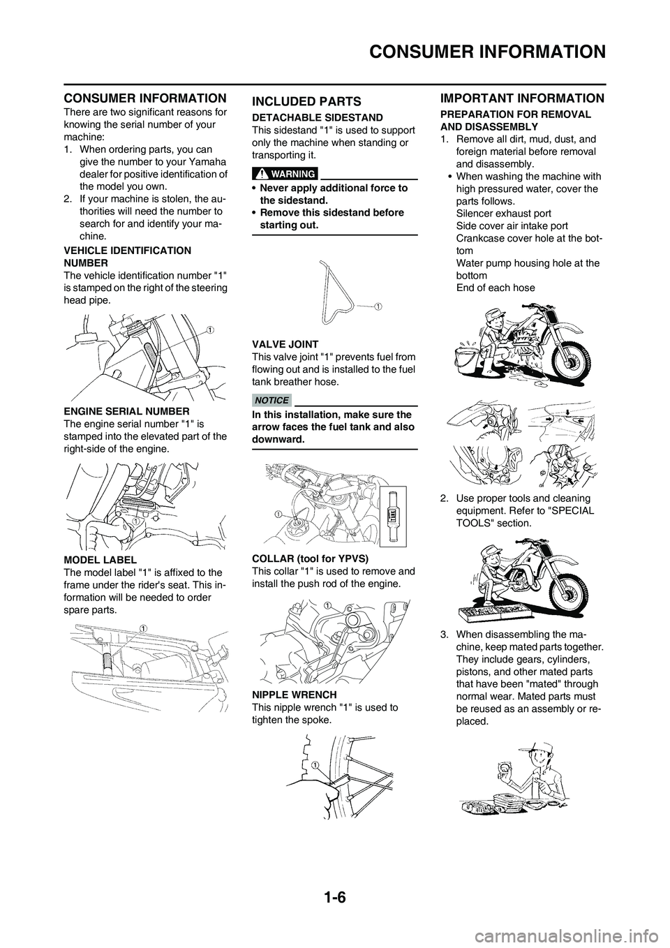 YAMAHA YZ125LC 2010  Owners Manual 1-6
CONSUMER INFORMATION
CONSUMER INFORMATION
There are two significant reasons for 
knowing the serial number of your 
machine:
1. When ordering parts, you can 
give the number to your Yamaha 
dealer