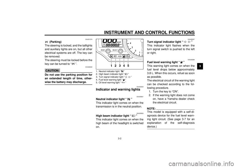 YAMAHA YZF-R1 2001  Owners Manual INSTRUMENT AND CONTROL FUNCTIONS
3-2
3
EAU01574
 (Parking)
The steering is locked, and the taillights
and auxiliary lights are on, but all other
electrical systems are off. The key can
be removed.
The