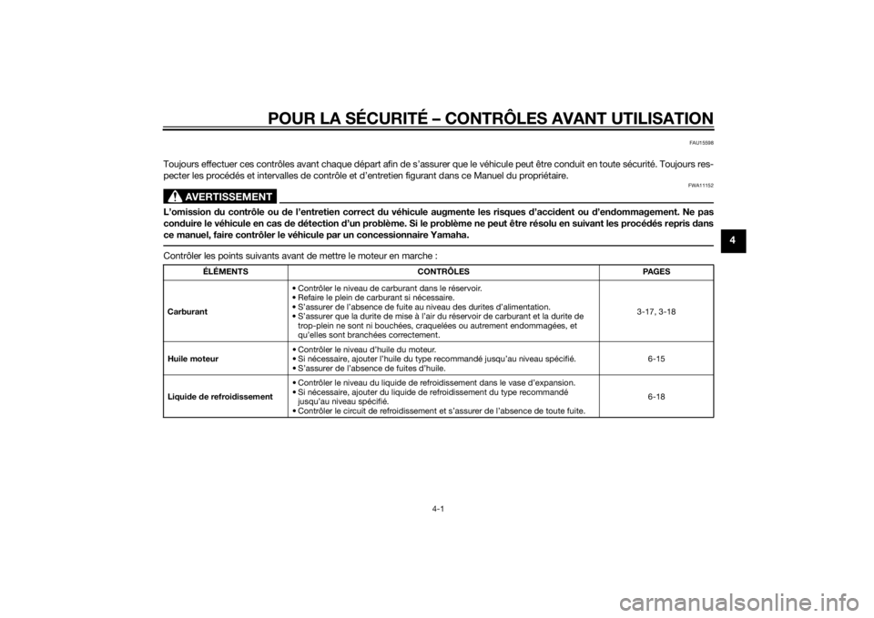 YAMAHA YZF-R6 2015  Notices Demploi (in French) POUR LA SÉCURITÉ – CONTRÔLES AVANT UTILISATION
4-1
4
FAU15598
Toujours effectuer ces contrôles avant chaque départ afin de s’assurer que le véhicule peut être conduit en toute sécurité. T