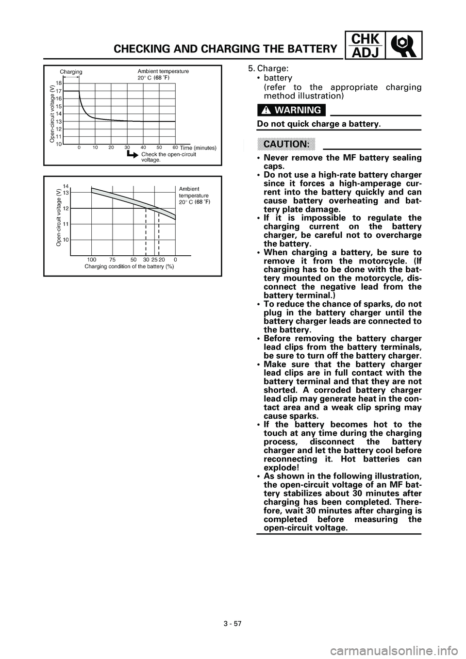 YAMAHA YZF-R7 1999  Owners Manual 3 - 57
CHK
ADJ
5. Charge:
• battery
(refer to the appropriate charging
method illustration)
WARNINGWARNING
Do not quick charge a battery.
ACHTUNG:CAUTION:
• Never remove the MF battery sealing
cap