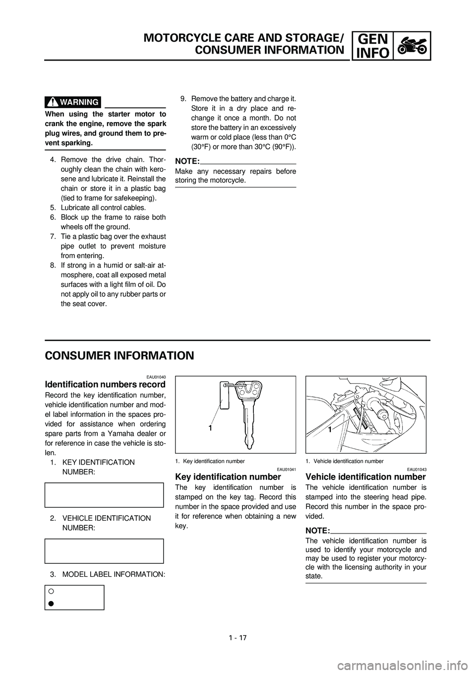 YAMAHA YZF-R7 1999  Owners Manual 1 - 17
MOTORCYCLE CARE AND STORAGE/
CONSUMER INFORMATION
WARNING
When using the starter motor to
crank the engine, remove the spark
plug wires, and ground them to pre-
vent sparking.
4. Remove the dri