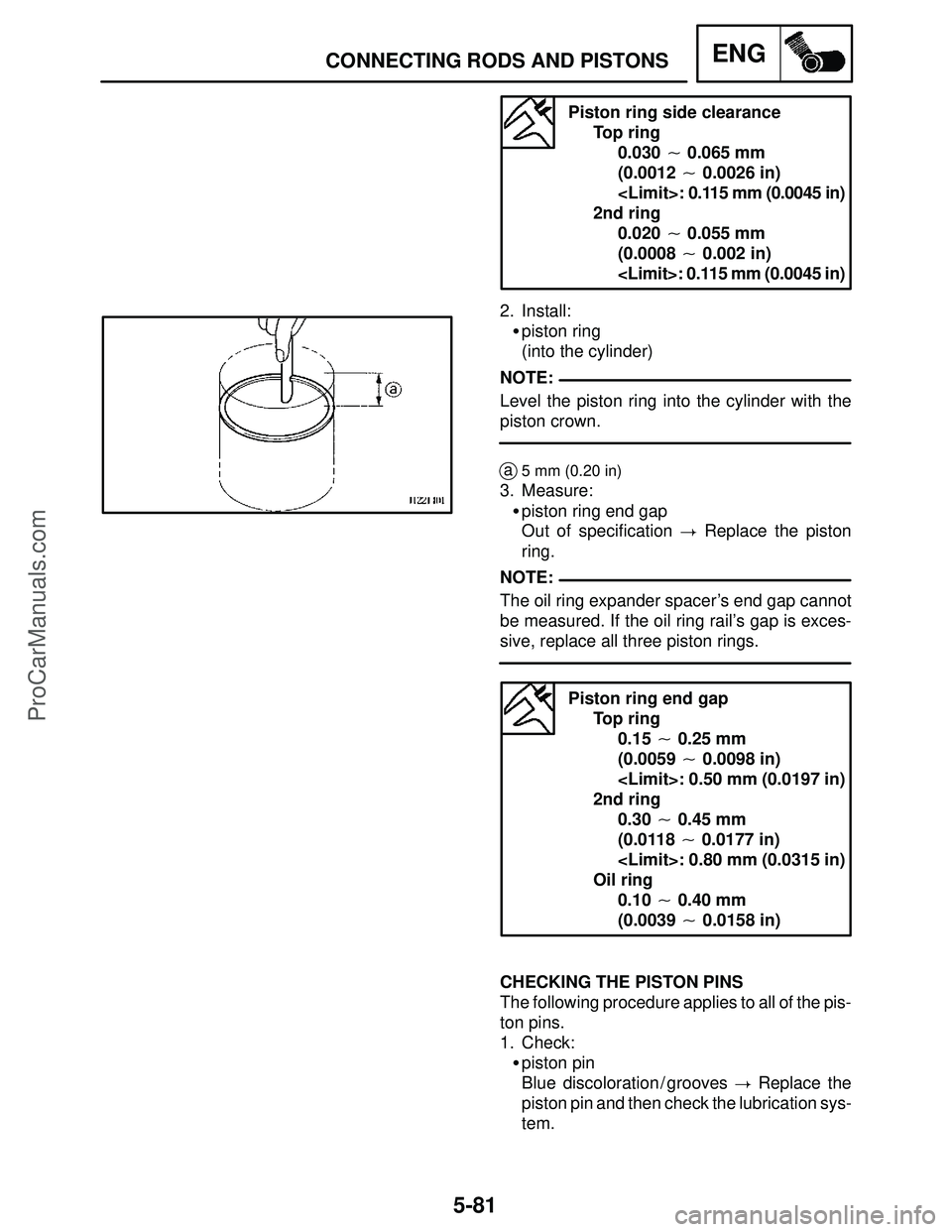 YAMAHA YZF-R1S 2004  Service Manual 5-81
CONNECTING RODS AND PISTONSENG
NOTE:
NOTE:
Piston ring side clearance
Top ring
0.030  0.065 mm 
(0.0012  0.0026 in)
<Limit>: 0.115 mm (0.0045 in)
2nd ring
0.020  0.055 mm
(0.0008  0.002 in)
<