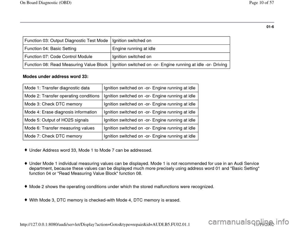 AUDI A6 2000 C5 / 2.G AEB Engine OBD and DTC 01-6
 
Function 03: Output Diagnostic Test Mode   Ignition switched on  
Function 04: Basic Setting   Engine running at idle  
Function 07: Code Control Module   Ignition switched on  
Function 08: Re