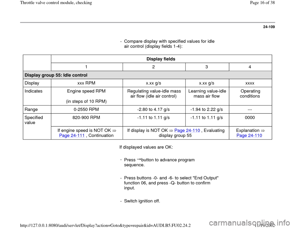 AUDI A8 1996 D2 / 1.G AEB Engine Throttle Valve Control Module And Checking 24-109
      
-  Compare display with specified values for idle 
air control (display fields 1-4): 
  
Display fields  
  
1   2   3   4  
Display group 55: Idle control  
Display   xxx RPM   x.xx g/s