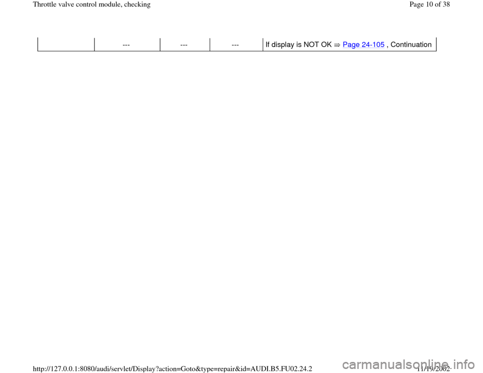 AUDI A6 1995 C5 / 2.G AEB Engine Throttle Valve Control Module And Checking   
---   ---   ---   If display is NOT OK   Page 24
-105
 , Continuation  
Pa
ge 10 of 38 Throttle valve control module, checkin
g
11/19/2002 htt
p://127.0.0.1:8080/audi/servlet/Dis
play?action=Goto&t