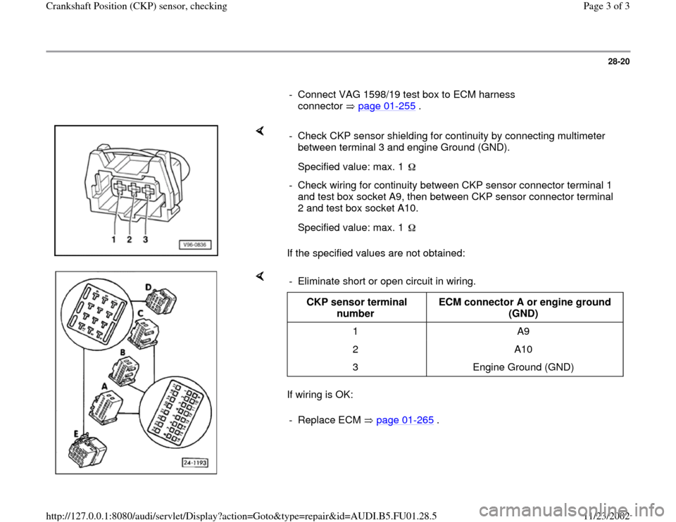 AUDI A4 2000 B5 / 1.G AFC Engine Crankshaft Position Sensor Checking Workshop Manual 28-20
      
-  Connect VAG 1598/19 test box to ECM harness 
connector  page 01
-255
 . 
    
If the specified values are not obtained:  -  Check CKP sensor shielding for continuity by connecting mult
