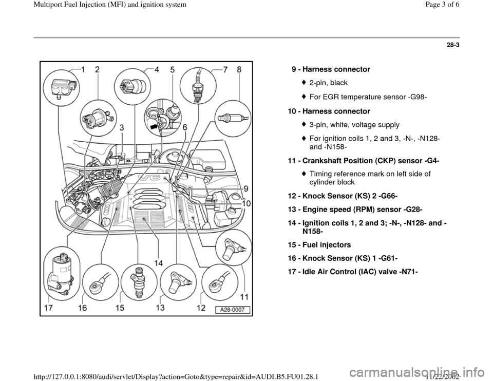 AUDI A4 1999 B5 / 1.G AFC Engine Multiport Fuel Injection And Ignition System Workshop Manual 28-3
 
  
9 - 
Harness connector 
2-pin, blackFor EGR temperature sensor -G98-
10 - 
Harness connector 3-pin, white, voltage supplyFor ignition coils 1, 2 and 3, -N-, -N128- 
and -N158- 
11 - 
Cranksh