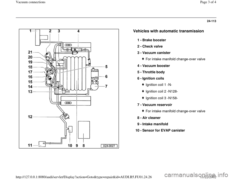 AUDI A4 1999 B5 / 1.G AFC Engine Vacuum Connections Workshop Manual 24-113
 
  
Vehicles with automatic transmission
 
1 - 
Brake booster 
2 - 
Check valve 
3 - 
Vacuum canister 
For intake manifold change-over valve
4 - 
Vacuum booster 
5 - 
Throttle body 
6 - 
Ignit