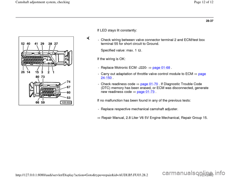 AUDI A4 1996 B5 / 1.G AHA Engine Camshaft Adjustment System Checking Workshop Manual 28-37
       If LED stays lit constantly:  
    
If the wiring is OK:  
If no malfunction has been found in any of the previous tests:  
 Repair Manual, 2.8 Liter V6 5V Engine Mechanical, Repair Group