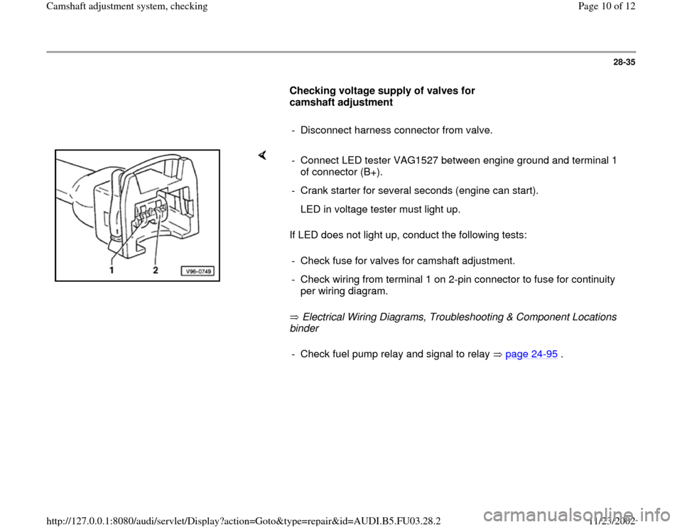AUDI A6 1995 C5 / 2.G AHA Engine Camshaft Adjustment System Checking Workshop Manual 28-35
      
Checking voltage supply of valves for 
camshaft adjustment  
     
-  Disconnect harness connector from valve.
    
If LED does not light up, conduct the following tests:  
 Electrical Wi