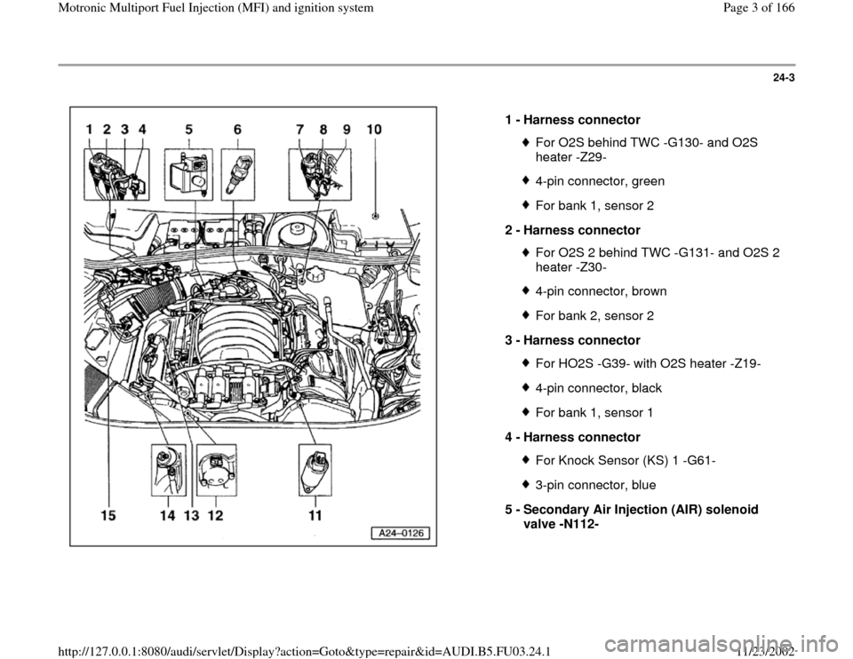 AUDI A8 1996 D2 / 1.G AHA Engine Multiport Fuel Injection And Ignition System Workshop Manual 24-3
 
  
1 - 
Harness connector 
For O2S behind TWC -G130- and O2S 
heater -Z29- 4-pin connector, greenFor bank 1, sensor 2
2 - 
Harness connector For O2S 2 behind TWC -G131- and O2S 2 
heater -Z30- 