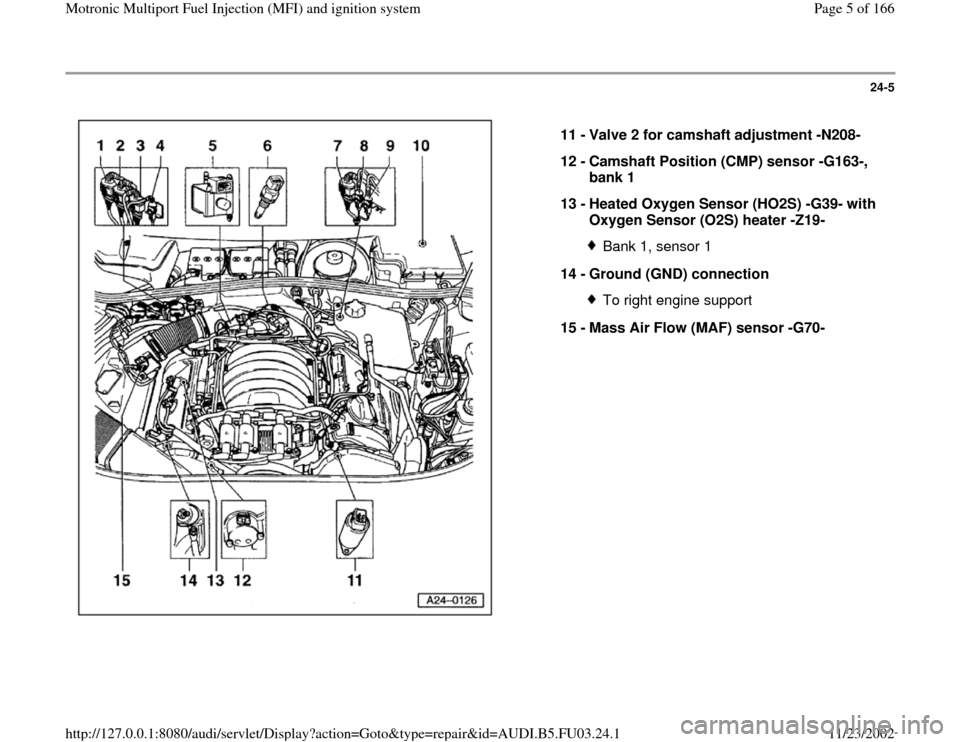 AUDI A8 1998 D2 / 1.G AHA Engine Multiport Fuel Injection And Ignition System Workshop Manual 24-5
 
  
11 - 
Valve 2 for camshaft adjustment -N208- 
12 - 
Camshaft Position (CMP) sensor -G163-, 
bank 1 
13 - 
Heated Oxygen Sensor (HO2S) -G39- with 
Oxygen Sensor (O2S) heater -Z19- 
Bank 1, se