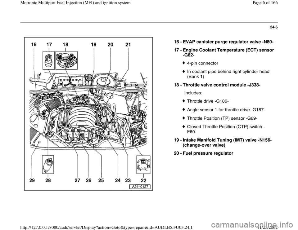 AUDI A4 1995 B5 / 1.G AHA Engine Multiport Fuel Injection And Ignition System Workshop Manual 24-6
 
  
16 - 
EVAP canister purge regulator valve -N80-
17 - 
Engine Coolant Temperature (ECT) sensor 
-G62- 
4-pin connectorIn coolant pipe behind right cylinder head 
(Bank 1) 
18 - 
Throttle valv