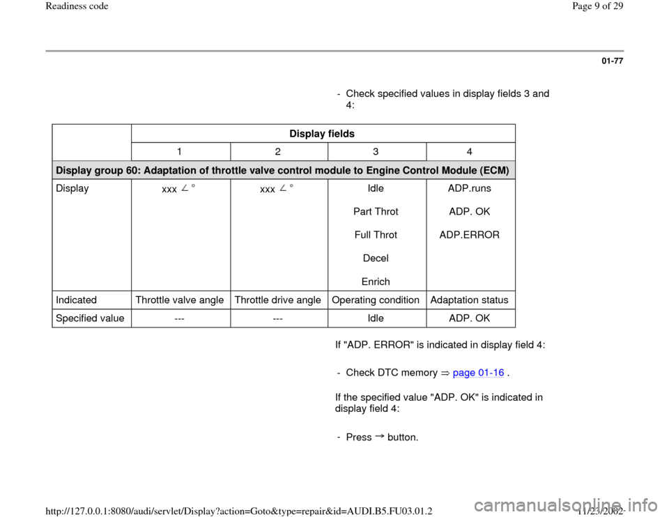 AUDI A8 1997 D2 / 1.G AHA Engine Readiness Code Workshop Manual 01-77
      
-  Check specified values in display fields 3 and 
4: 
  
Display fields  
  
1   2   3   4  
Display group 60: Adaptation of throttle valve control module to Engine Control Module (ECM) 