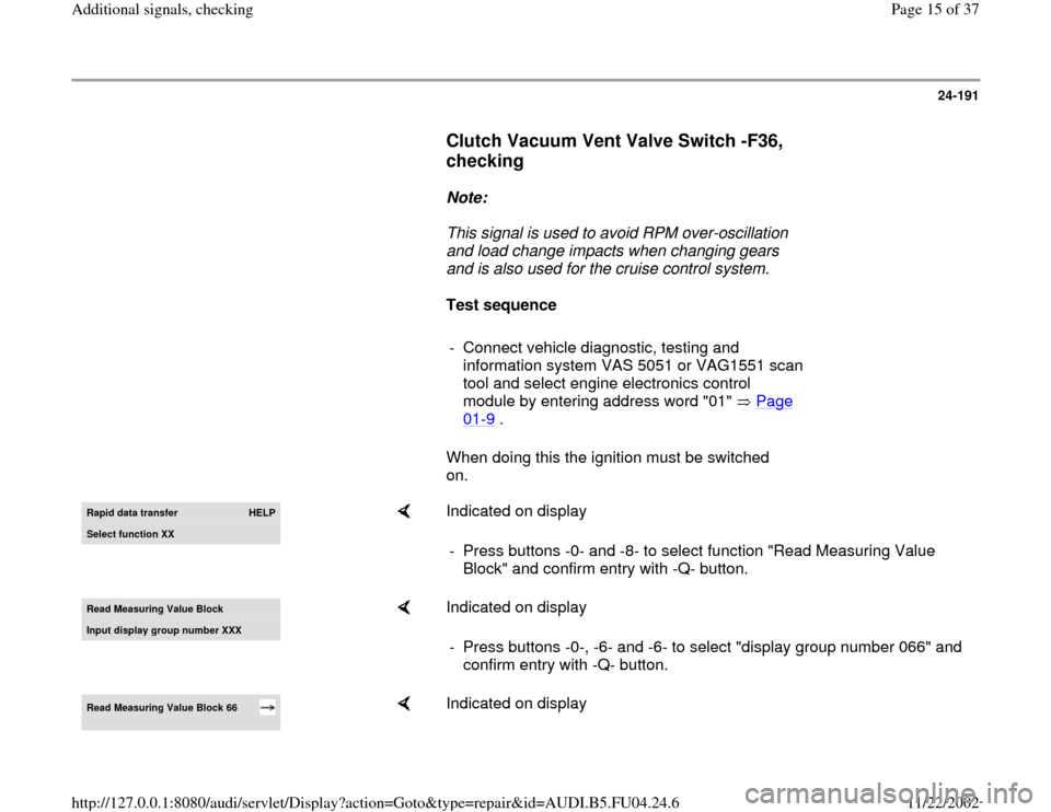 AUDI A4 1998 B5 / 1.G APB Engine Additional Signals Checking Workshop Manual 24-191
      
Clutch Vacuum Vent Valve Switch -F36, 
checking
 
     
Note:  
     This signal is used to avoid RPM over-oscillation 
and load change impacts when changing gears 
and is also used for 