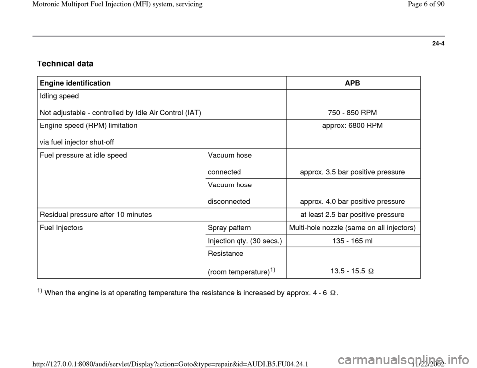 AUDI A4 1996 B5 / 1.G APB Engine Motronic Multiport Fuel Injection System Servising Workshop Manual 24-4
 Technical data
 
Engine identification  
  
APB  
Idling speed  
Not adjustable - controlled by Idle Air Control (IAT)    
    
750 - 850 RPM  
Engine speed (RPM) limitation  
via fuel injector 