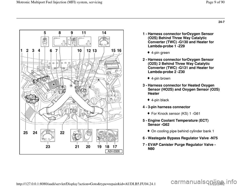 AUDI A4 1996 B5 / 1.G APB Engine Motronic Multiport Fuel Injection System Servising Workshop Manual 24-7
 
  
1 - 
Harness connector forOxygen Sensor 
(O2S) Behind Three Way Catalytic 
Converter (TWC) -G130 and Heater for 
Lambda-probe 1 -Z29 
4-pin green
2 - 
Harness connector forOxygen Sensor 
(O2