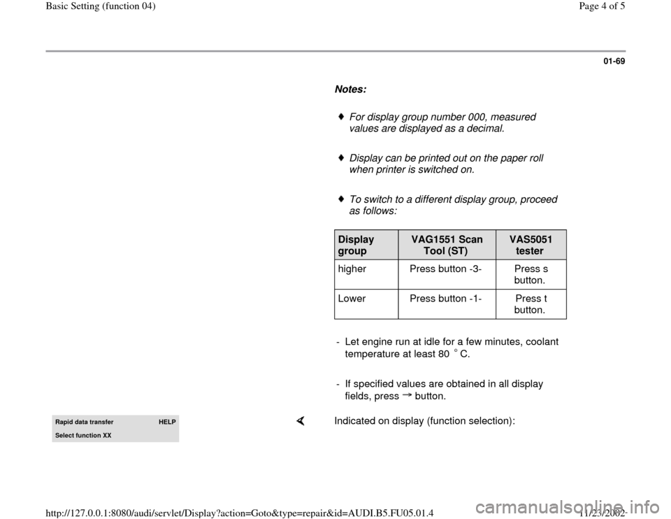 AUDI A4 1996 B5 / 1.G ATQ Engine Basic Setting Workshop Manual 01-69
      
Notes:  
     
For display group number 000, measured 
values are displayed as a decimal. 
     Display can be printed out on the paper roll 
when printer is switched on. 
     To switch 