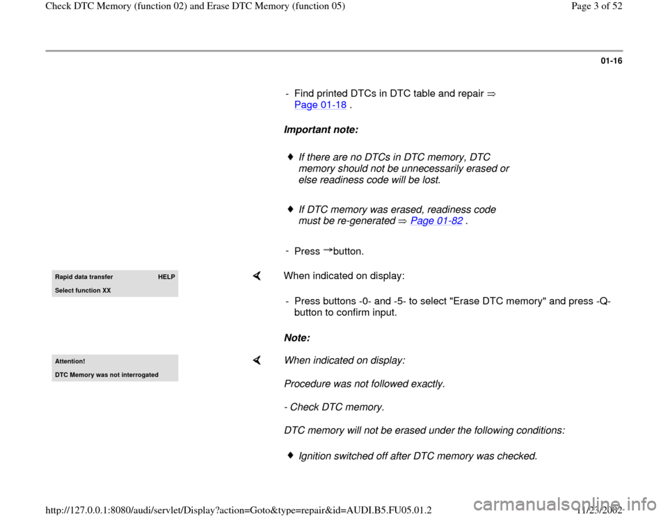 AUDI A6 1997 C5 / 2.G ATQ Engine Check DTC Memory And Erase DTC Memory Workshop Manual 01-16
      
-  Find printed DTCs in DTC table and repair   
Page 01
-18
 . 
     
Important note:  
     
If there are no DTCs in DTC memory, DTC 
memory should not be unnecessarily erased or 
else r