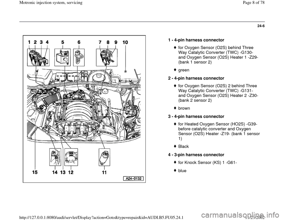 AUDI A4 1998 B5 / 1.G ATQ Engine Motronic Injection System Servicing Workshop Manual 24-6
 
  
1 - 
4-pin harness connector 
for Oxygen Sensor (O2S) behind Three 
Way Catalytic Converter (TWC) -G130- 
and Oxygen Sensor (O2S) Heater 1 -Z29- 
(bank 1 sensor 2) green
2 - 
4-pin harness c