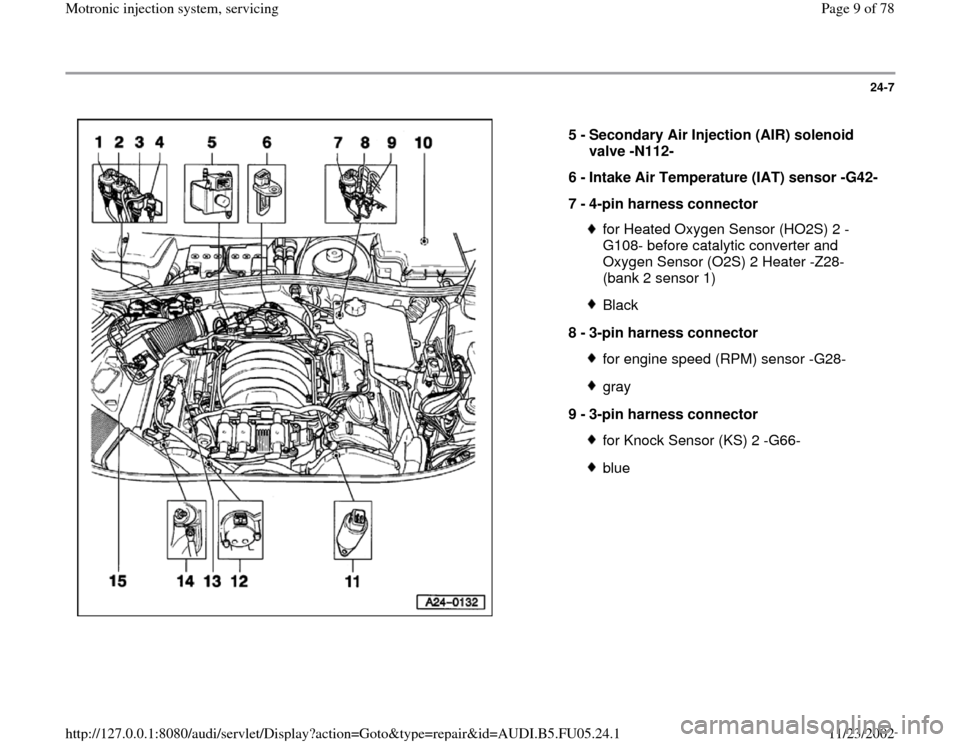 AUDI A8 1998 D2 / 1.G ATQ Engine Motronic Injection System Servicing Workshop Manual 24-7
 
  
5 - 
Secondary Air Injection (AIR) solenoid 
valve -N112- 
6 - 
Intake Air Temperature (IAT) sensor -G42- 
7 - 
4-pin harness connector 
for Heated Oxygen Sensor (HO2S) 2 -
G108- before cata