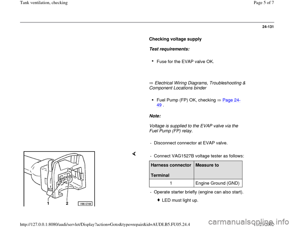 AUDI A6 1995 C5 / 2.G ATQ Engine Tank Ventilation Checking Workshop Manual 24-131
      
Checking voltage supply  
     
Test requirements:  
     
Fuse for the EVAP valve OK. 
     
       Electrical Wiring Diagrams, Troubleshooting & 
Component Locations binder   
     
Fu