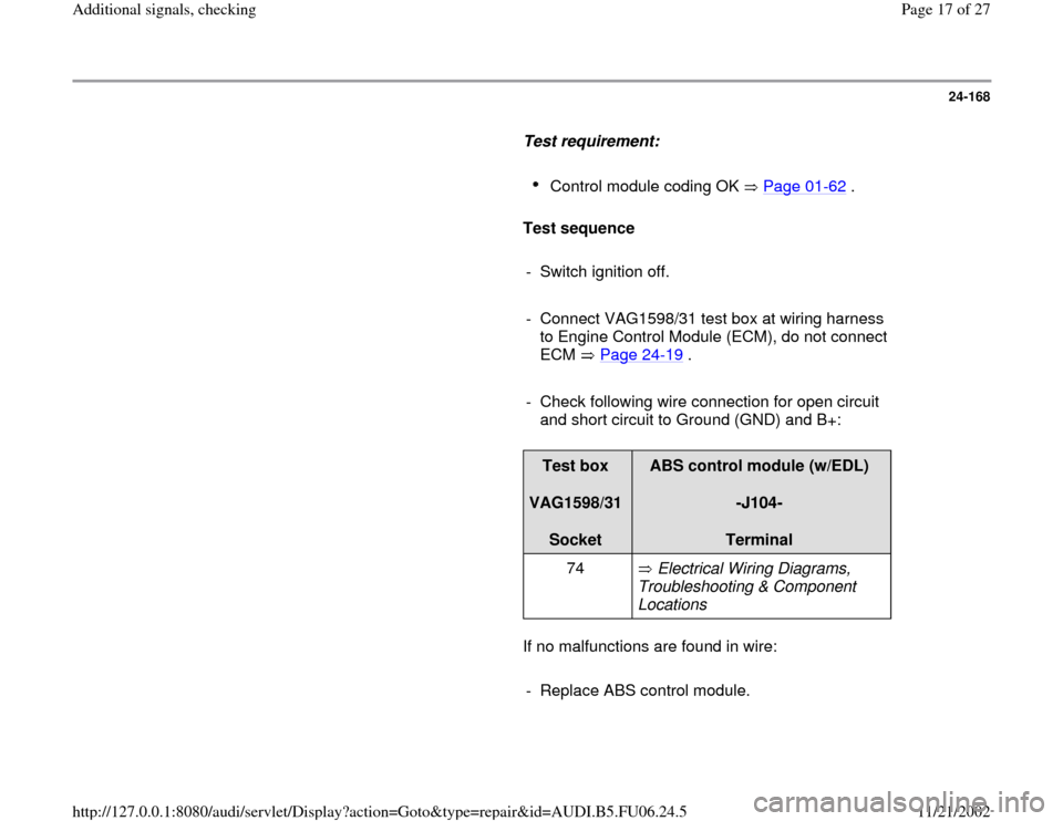 AUDI TT 1999 8N / 1.G ATW Engine Additional Signals Workshop Manual 24-168
      
Test requirement:  
     
Control module coding OK   Page 01
-62
 . 
     
Test sequence  
     
-  Switch ignition off.
     
-  Connect VAG1598/31 test box at wiring harness 
to Engine