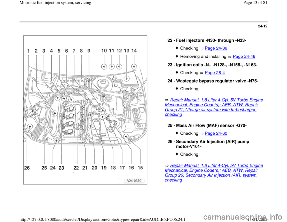 AUDI A3 1997 8L / 1.G ATW Engine Motronic Fuel Injection Syst 24-12
 
  
 Repair Manual, 1.8 Liter 4
-Cyl. 5V Turbo Engine 
Mechanical, Engine Code(s): AEB, ATW, Repair Group 21, Charge air system with turbocharger, checking
   
 Repair Manual, 1.8 Liter 4
-Cyl.