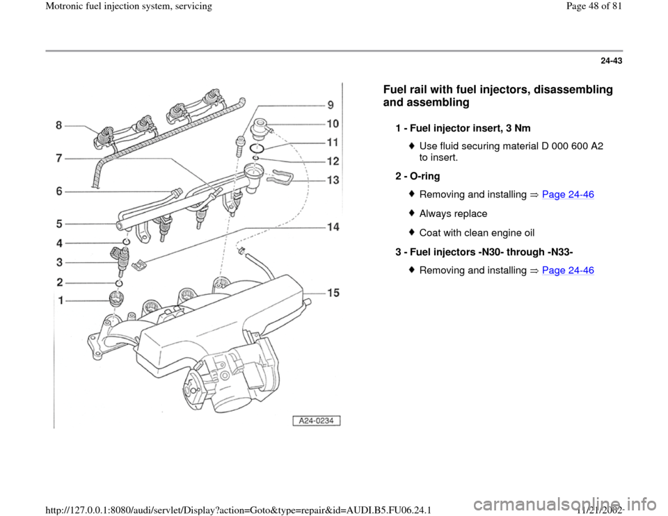 AUDI A3 1997 8L / 1.G ATW Engine Motronic Fuel Injection Syst 24-43
 
  
Fuel rail with fuel injectors, disassembling 
and assembling
 
1 - 
Fuel injector insert, 3 Nm 
Use fluid securing material D 000 600 A2 
to insert. 
2 - 
O-ring Removing and installing   P