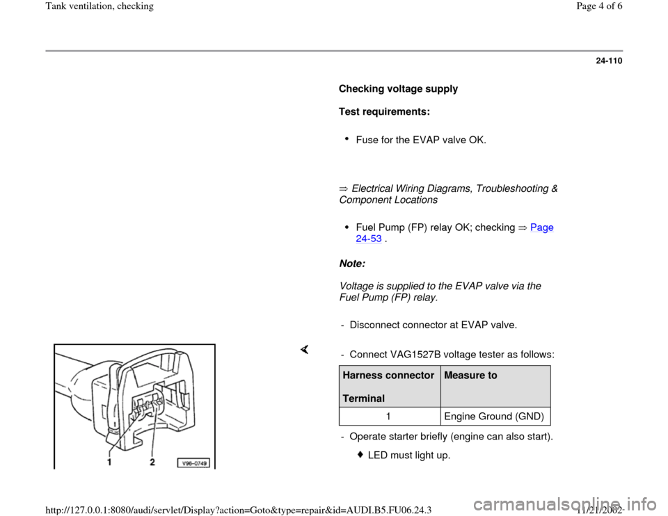 AUDI A4 1998 B5 / 1.G ATW Engine Tank Ventilation Workshop Manual 24-110
      
Checking voltage supply  
     
Test requirements: 
     
Fuse for the EVAP valve OK. 
     
       Electrical Wiring Diagrams, Troubleshooting & 
Component Locations   
     
Fuel Pump 