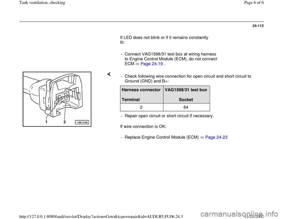 AUDI TT 1997 8N / 1.G ATW Engine Tank Ventilation Workshop Manual 24-112
       If LED does not blink or if it remains constantly 
lit:  
     
-  Connect VAG1598/31 test box at wiring harness 
to Engine Control Module (ECM), do not connect 
ECM  Page 24
-19
 . 
   