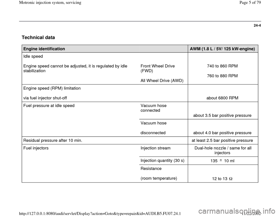 AUDI A4 1999 B5 / 1.G AWM Engine Motronic Injection System Servicing Workshop Manual 24-4
 Technical data
 
Engine identification  
  
AWM (1.8 L / 5V/ 125 kW-engine)  
Idle speed  
Engine speed cannot be adjusted, it is regulated by idle 
stabilization    
Front Wheel Drive 
(FWD)  
