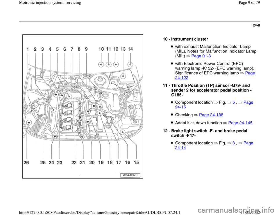 AUDI A4 1999 B5 / 1.G AWM Engine Motronic Injection System Servicing Workshop Manual 24-8
 
  
10 - 
Instrument cluster 
with exhaust Malfunction Indicator Lamp 
(MIL). Notes for Malfunction Indicator Lamp 
(MIL)  Page 01
-3 
with Electronic Power Control (EPC) 
warning lamp -K132- (E