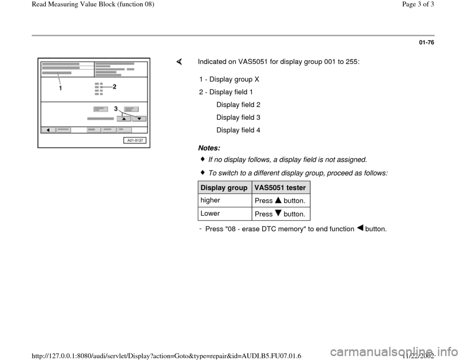 AUDI A4 1999 B5 / 1.G AWM Engine Read Measuring Value Block Workshop Manual 01-76
 
    
Indicated on VAS5051 for display group 001 to 255:  
Notes:  1 - Display group X
2 - Display field 1
  Display field 2
  Display field 3
  Display field 4
If no display follows, a display