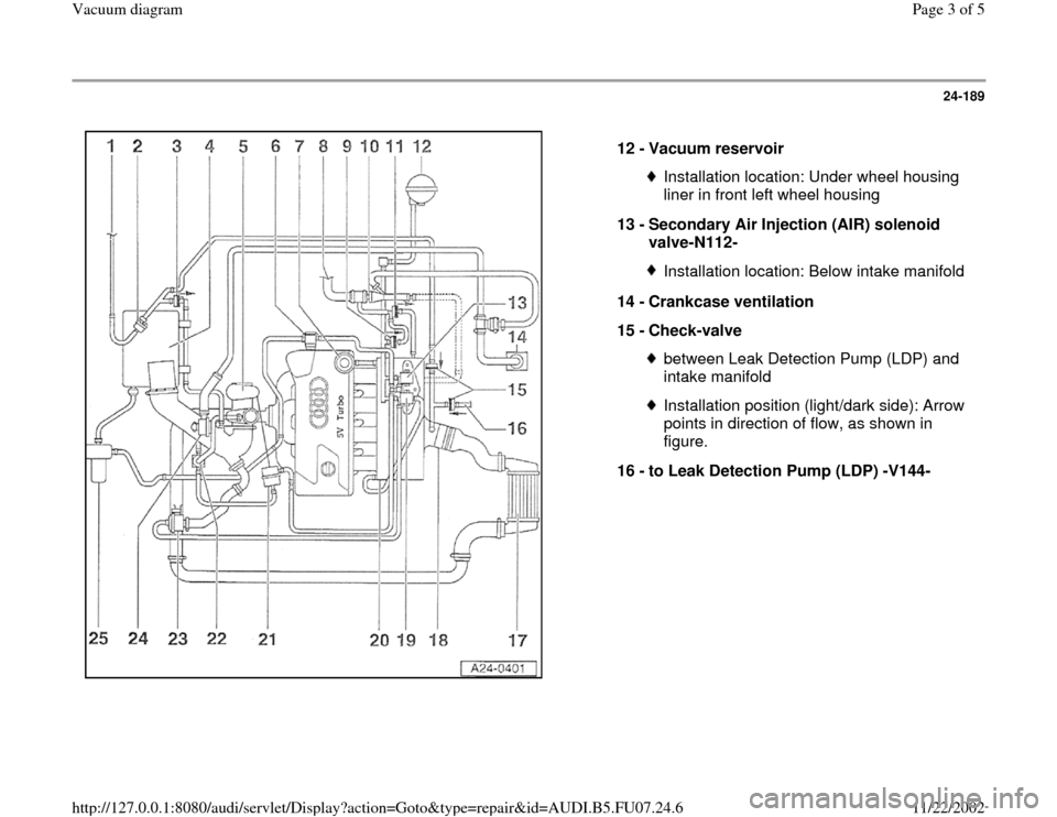 AUDI A4 1999 B5 / 1.G AWM Engine Vacuum Diagram Workshop Manual 24-189
 
  
12 - 
Vacuum reservoir 
Installation location: Under wheel housing 
liner in front left wheel housing 
13 - 
Secondary Air Injection (AIR) solenoid 
valve-N112- Installation location: Belo
