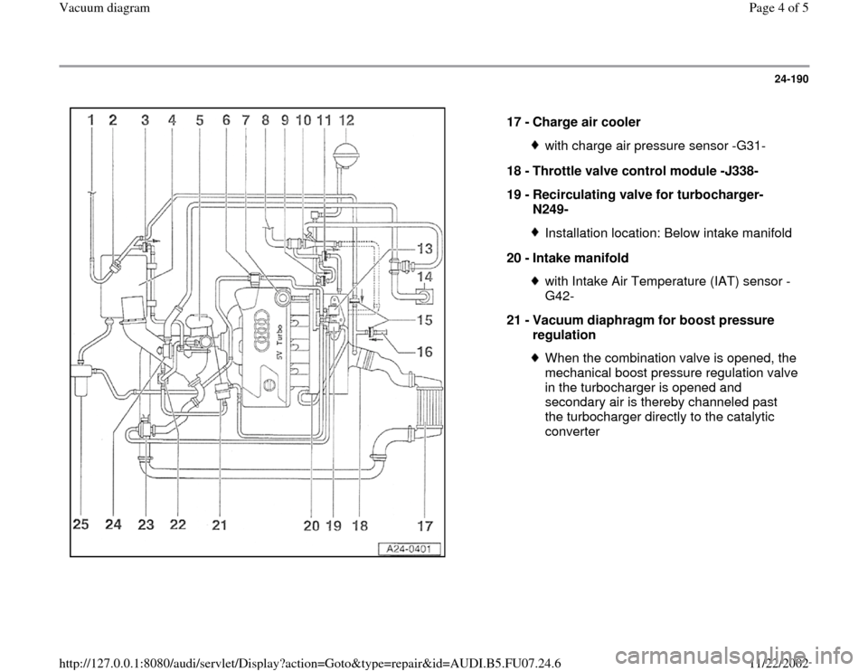 AUDI A4 1999 B5 / 1.G AWM Engine Vacuum Diagram Workshop Manual 24-190
 
  
17 - 
Charge air cooler 
with charge air pressure sensor -G31-
18 - 
Throttle valve control module -J338- 
19 - 
Recirculating valve for turbocharger-
N249- Installation location: Below in