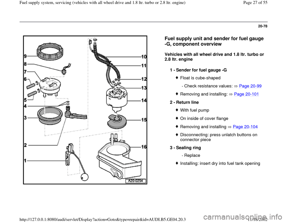 AUDI A4 1996 B5 / 1.G Quattro Fuel Syst 20-78
 
  
Fuel supply unit and sender for fuel gauge 
-G, component overview
 
Vehicles with all wheel drive and 1.8 ltr. turbo or 
2.8 ltr. engine  
1 - 
Sender for fuel gauge -G 
Float is cube-shap