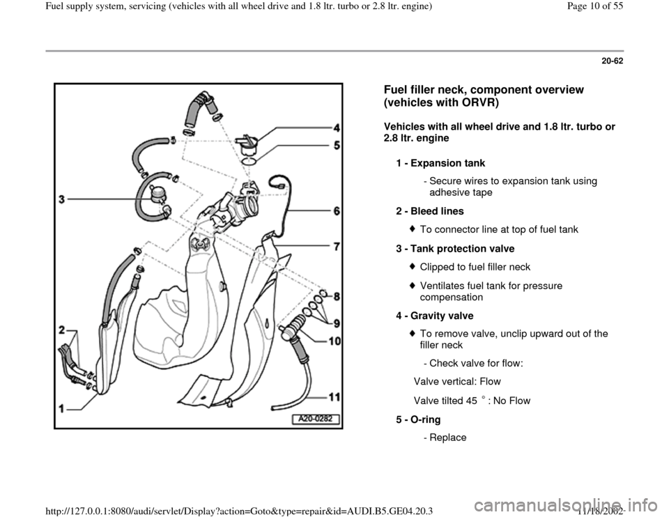 AUDI A4 1996 B5 / 1.G Quattro Fuel Syst 20-62
 
  
Fuel filler neck, component overview 
(vehicles with ORVR)
 
Vehicles with all wheel drive and 1.8 ltr. turbo or 
2.8 ltr. engine  
1 - 
Expansion tank 
 - Secure wires to expansion tank us