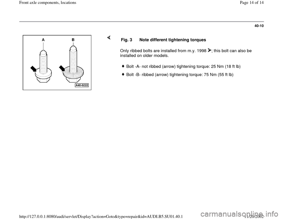 AUDI A4 1998 B5 / 1.G Suspension Workshop Manual 40-10
 
    
Only ribbed bolts are installed from m.y. 1998  ; this bolt can also be 
installed on older models.  Fig. 3  Note different tightening torques
Bolt -A- not ribbed (arrow) tightening torqu