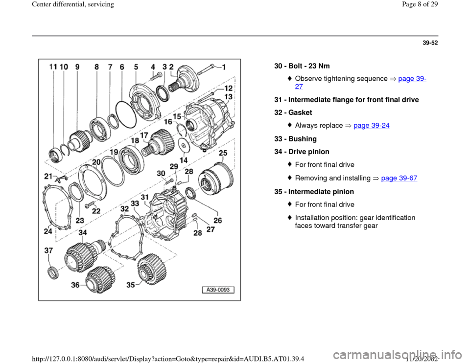 AUDI A4 1997 B5 / 1.G 01V Transmission Center Differential Service Workshop Manual 39-52
 
  
30 - 
Bolt - 23 Nm 
Observe tightening sequence   page 39
-
27
 
31 - 
Intermediate flange for front final drive 
32 - 
Gasket 
Always replace   page 39
-24
33 - 
Bushing 
34 - 
Drive pinio