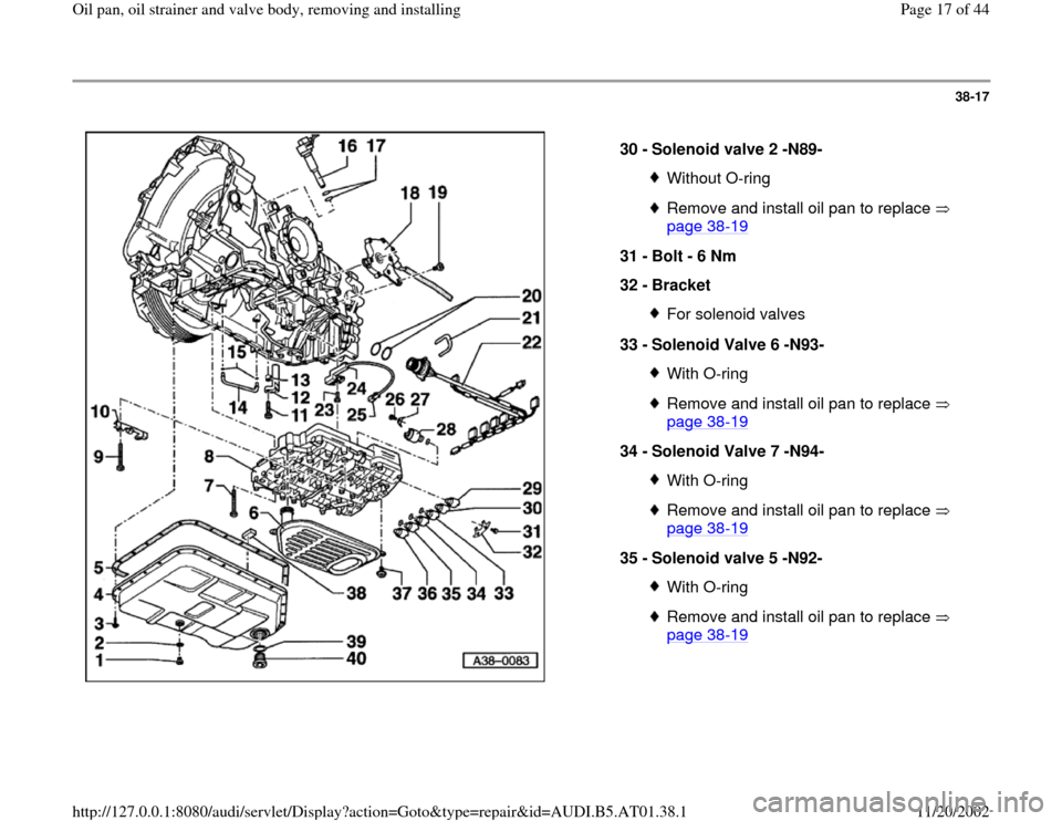 AUDI A8 1997 D2 / 1.G 01V Transmission Oil Pan And Oil Strainer Assembly User Guide 38-17
 
  
30 - 
Solenoid valve 2 -N89- 
Without O-ringRemove and install oil pan to replace   
page 38
-19
 
31 - 
Bolt - 6 Nm 
32 - 
Bracket 
For solenoid valves
33 - 
Solenoid Valve 6 -N93- With O-